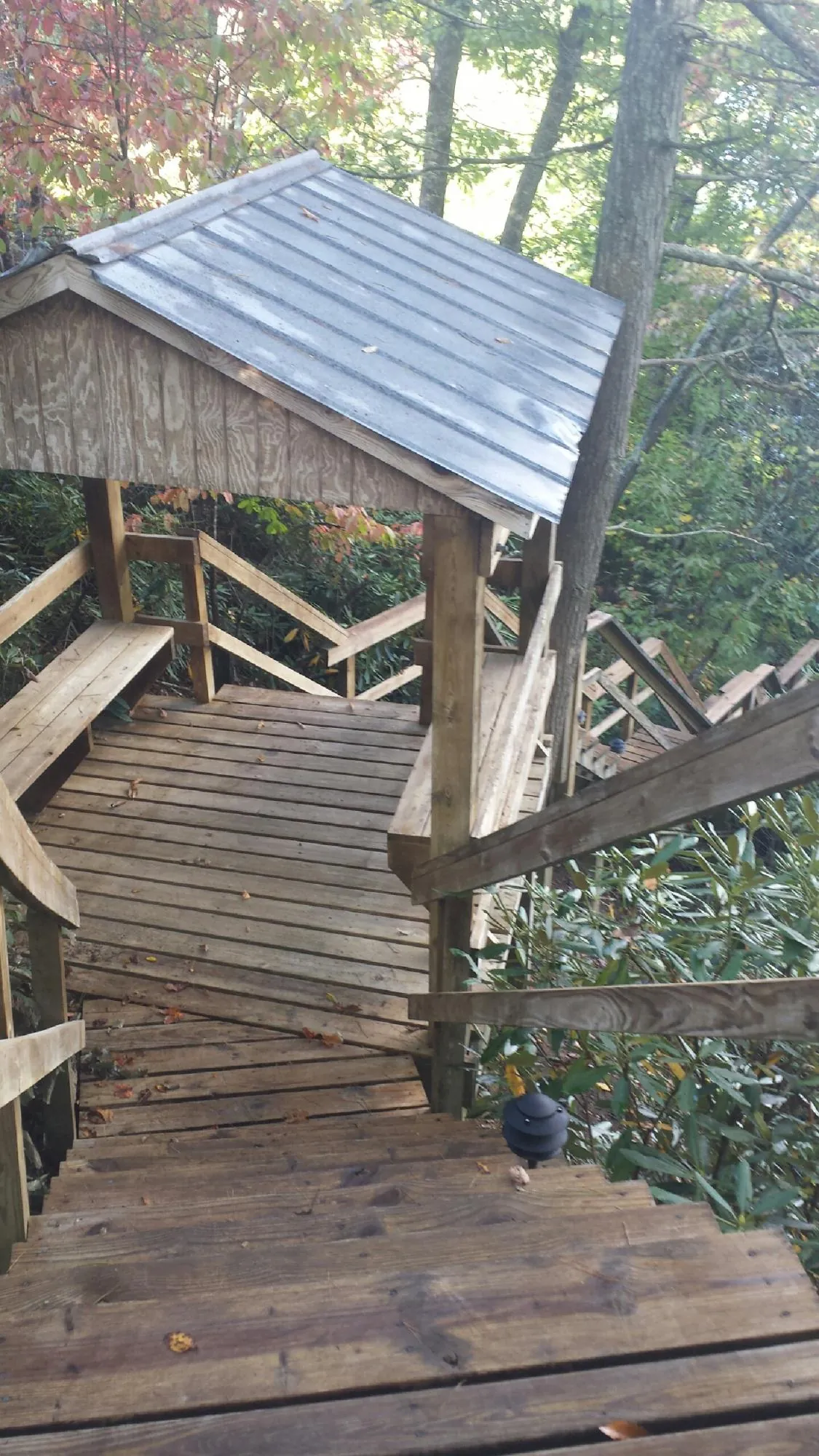 Metal roofed shelter over wooden steps on a wooded walkway — Skylight Repair & Installation work by our crew in Branford